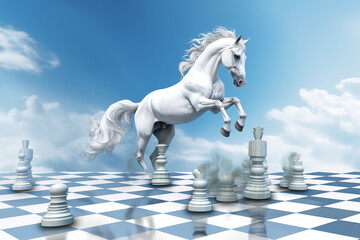 BeautifulWhite Horse Running on Chess Board. Generative ai
