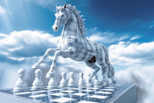 BeautifulWhite Horse Running on Chess Board. Generative ai