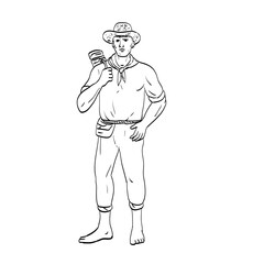 Comics style drawing or illustration of a male Filipino farmer wearing a hat standing viewed from front on isolated background in black and white retro style.