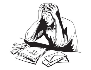 Comics style drawing or illustration of a businessman in financial distress and depression with hands on head papers on table viewed from front on isolated background in black and white retro style.