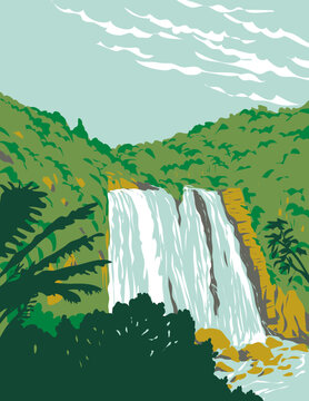 WPA poster art of Marokopa Falls near Waitomo in the Waikato Region of the North Island of New Zealand done in works project administration or Art Deco style.