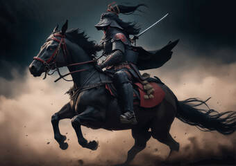 A samurai is riding her horse towards the battlefield. Generative AI