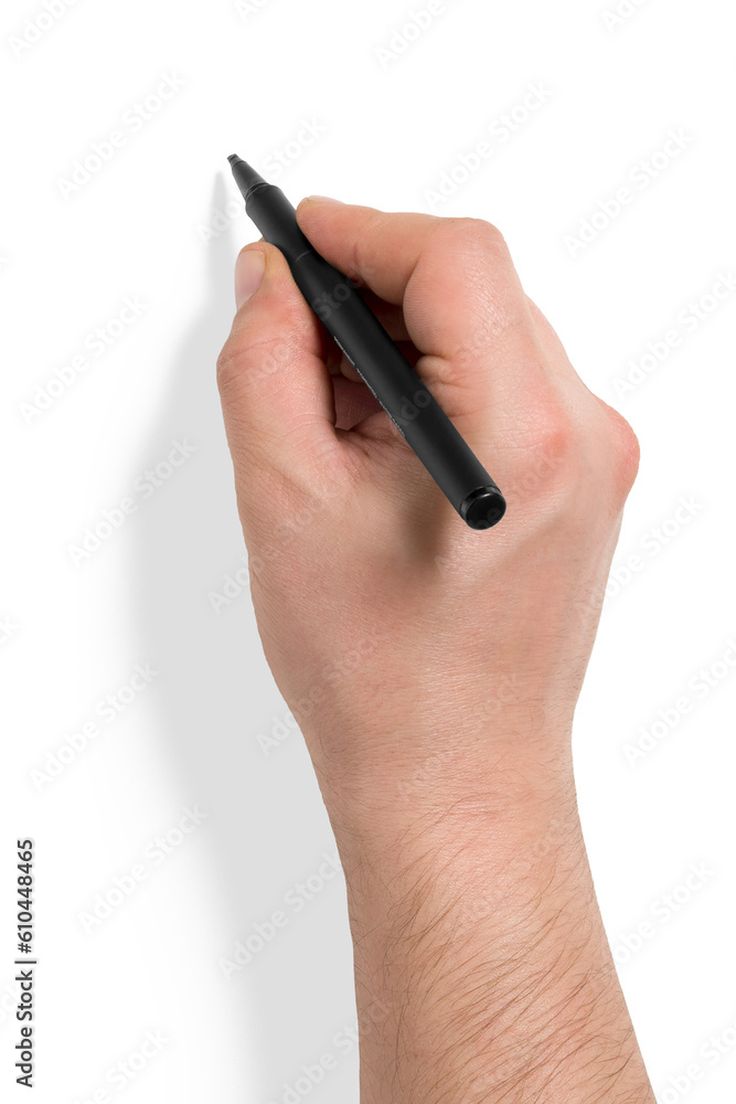 Wall mural top view of a male hand writing with a marker, pen in hand, isolated on a transparent background, pn