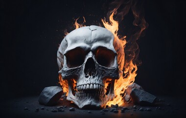 Skull in fire with dark background. Skull in fire flames. Generative Ai