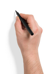 Top view of a male hand writing with a marker, pen in hand, isolated on a transparent background,...