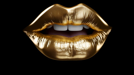 Lábios de ouro abstratos. Closeup de lábios dourados. Lábio de arte de metal dourado. Linda maquiagem. Brilho labial dourado na beleza