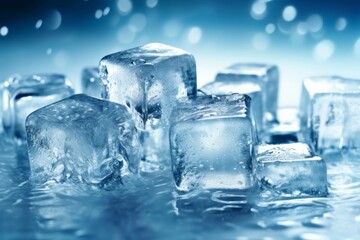 3D rendered transparent ice cubes with water droplets, highlighting the beauty and clarity of frozen water. Generative Ai