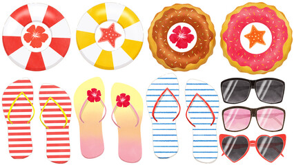 Inflatable swim ring, flip-flops and sunglasses cartoon clipart PNG