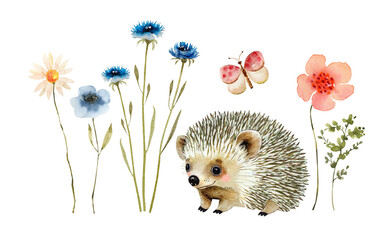 Watercolor set of cute hedgehog with colorful flowers, hand painted for cards and design.