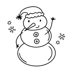 Hand drawn outline illustration of snowman with snowflakes. Christmas decoration element in doodle style