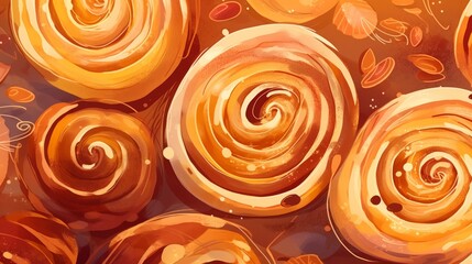Obraz na płótnie Canvas Freshly Baked Cinnamon Roll Cartoon Horizontal Background Illustration. Crusty Pastry, Gourmet Bakery. Ai Generated drawing Background Illustration with Aromatic Traditional Cinnamon Generative AI