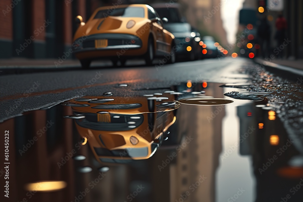 Poster puddle street big eye reflection, street reflection, big blob made with generative ai