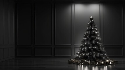 Christmas tree in the room. Decorated festive tree in a minimalistic black dark interior. Generative AI