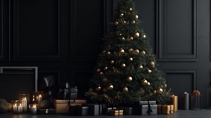 Fototapeta na wymiar Christmas tree in the room. Decorated festive tree in a minimalistic black dark interior. Generative AI
