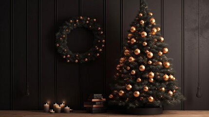 Christmas tree in the room. Decorated festive tree in a minimalistic black dark interior. Generative AI