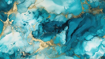 Alcohol ink artistic abstract background in gold and blue. Created using generative ai.