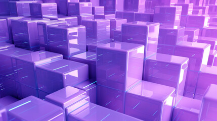 Three-dimensional innovative, contemporary tech background, perfectly aligned glossy violet blocks. Light purple, sleek 3d render. 3d cubes, abstract wallpaper. Generative Ai.