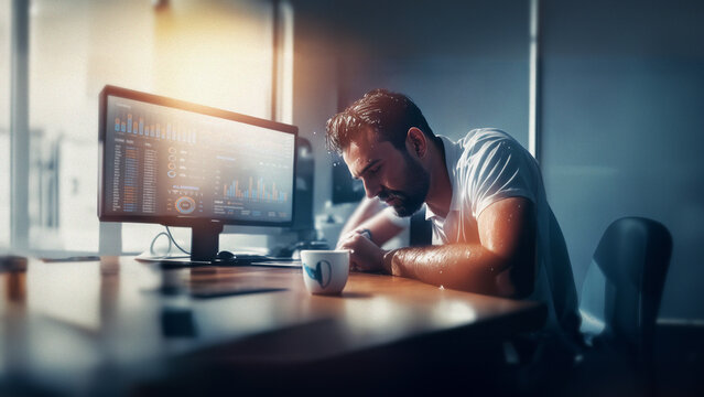 Tired Business Man Sitting In Front Of A Computer At Office Sweating As He Tries To Work In A Very Hot Summer Day. Generative AI