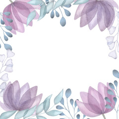 Watercolor frame transparent flowers leaves. Floral set in pastel purple, pink, blue, green colors. Hand drawn illustration isolated on white background. For design of wedding, postcard, patterns