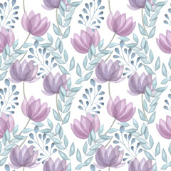 Fototapeta na wymiar Seamless pattern watercolor transparent flowers leaves. Floral set in pastel purple, pink colors. Hand drawn illustration isolated on white background. For design of wedding, postcard, patterns