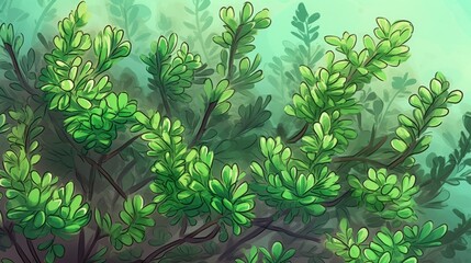 Aromatic Thyme Herbs Cartoon Horizontal Background Illustration. Healthy Vegetarian Diet. Ai Generated drawing Background Illustration with Delicious Aromatic Thyme Herbs. Generative AI