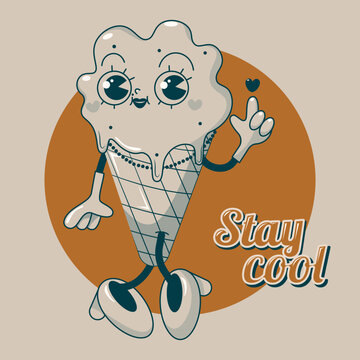 Ice cream groovy character 70s retro style illustration.Print mascot for branding or sticker, poster.Vector illustration