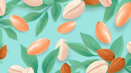 Organic Almond Nuts Cartoon Horizontal Background Illustration. Nutritious Vegetarian Protein Snack. Ai Generated drawing Background Illustration with Delicious Tasty Almond Nuts. Generative AI