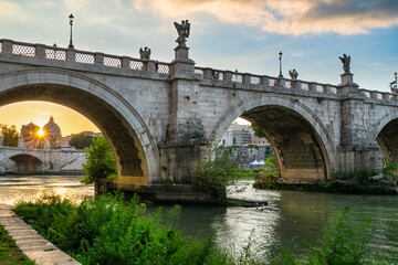 Sant Angelo bridge at sunset in Rome. Italy