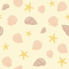 Seamless pattern with sea shells and sea stars, flat vector