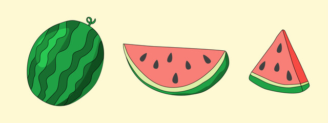 Set with fresh ripe watermelon and slices, doodle style vector