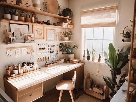 The image depicts a bright, airy workspace with a bird's eye view showcasing an inspiring affirmation on the wall. The desk is meticulously organized with an abundance of natural light.