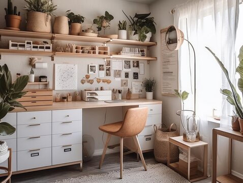 The image depicts a bright, airy workspace with a bird's eye view showcasing an inspiring affirmation on the wall. The desk is meticulously organized with an abundance of natural light.
