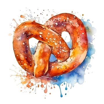 Freshly Baked Pretzel Bread Watercolor Square Background. Crusty Pastry, Gourmet Bakery. Ai Generated, Drawn With Paint Splashes On White Background Aromatic Traditional Pretzel Bread. Generative AI