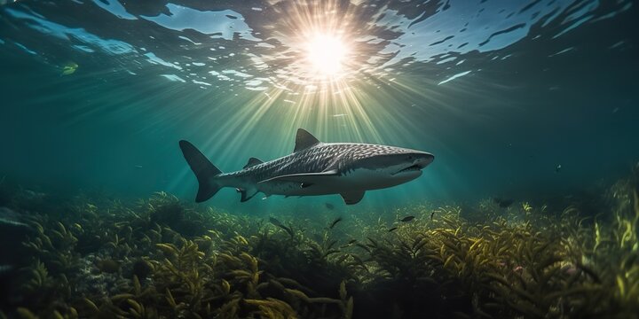 AI Generated. AI Generative. Photo illustration of dangerous unawer water shark black fish. Diving adventures. Graphic Art
