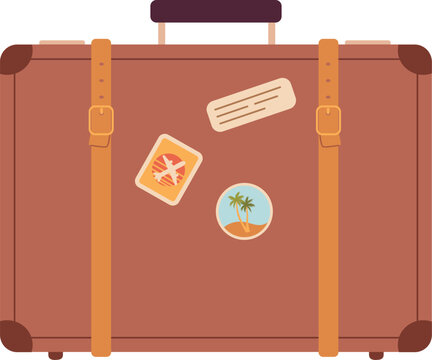 Vintage traveling leather suitcase with stickers. Cabin luggage vector illustration. Baggage icon