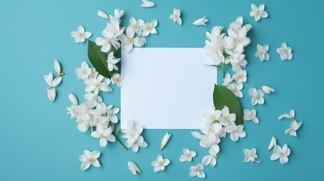 Cart&atilde;o em branco no quadro feito de flores de jasmim brancas sobre fundo azul.  Convite de casamento. Brincar. postura plana