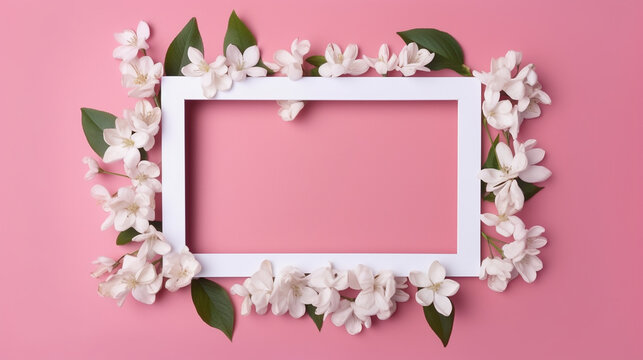 Cart&atilde;o em branco no quadro feito de flores de jasmim brancas sobre fundo rosa. Convite de casamento. Brincar. postura plana