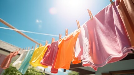 Colorful clothes hanging to dry on a laundry line and sun shining in the blue sky. Generative AI.