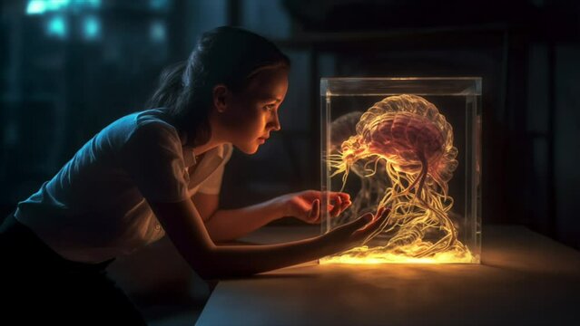 A Female Scientist Harnessing the Potential of an Advanced AI Brain in the Test Tube Lab. Looping Background Clip.