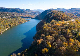 Fototapeta Aerial view from drone of Ter river, Catalonia, at sunny autumn day obraz