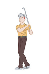 Young man playing golf. Full body character holding a golf club. Vector illustration isolated on transparent background.