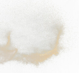 Sand flying explosion, Golden sand wave explode. Abstract sands cloud fly. Yellow colored sand splash throwing in Air. black background Isolated high speed shutter, throwing freeze stop motion