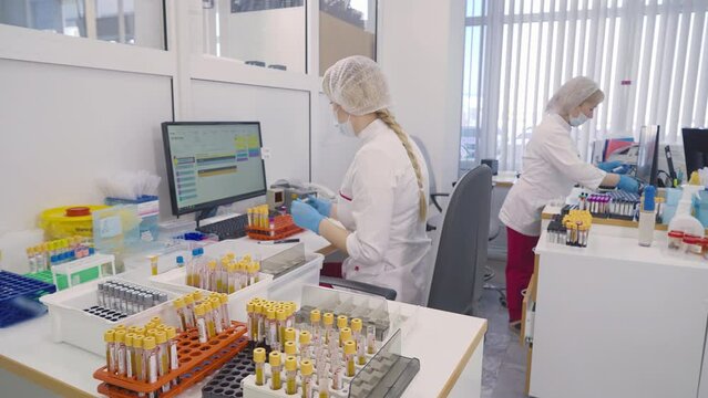 Female doctors dealing with blood health analysis at modern laboratory. Doctors sorting specimens for analysis at laboratory. Doctors analyzing tube samples at laboratory. Medical test