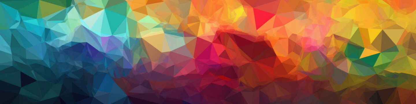 Colorful dimensions of a triangle and rectangles, background. Composition of triangles and rectangles with artistic feel. Abstract background. Extra wide format. Generative AI.
