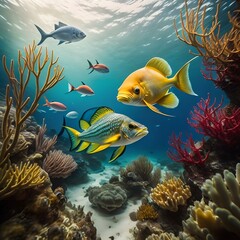Fototapeta na wymiar Underwater view of tropical coral reef with fish and marine life. generative ai