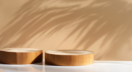 beautiful wooden podium bars with a shadow of a leaf with a white floor 3d
