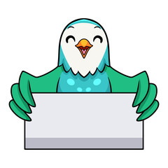 Cute blue turquoise bird cartoon holding blank sign