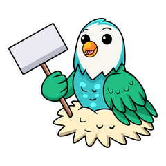 Cute blue turquoise bird cartoon holding blank sign