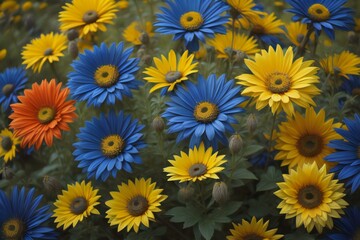 Fototapeta na wymiar Beautiful blue and yellow daisies in the summer garden. generative ai