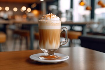 a glass glass of latte macchiato coffee on a table in a cafe. AI generated - obrazy, fototapety, plakaty
